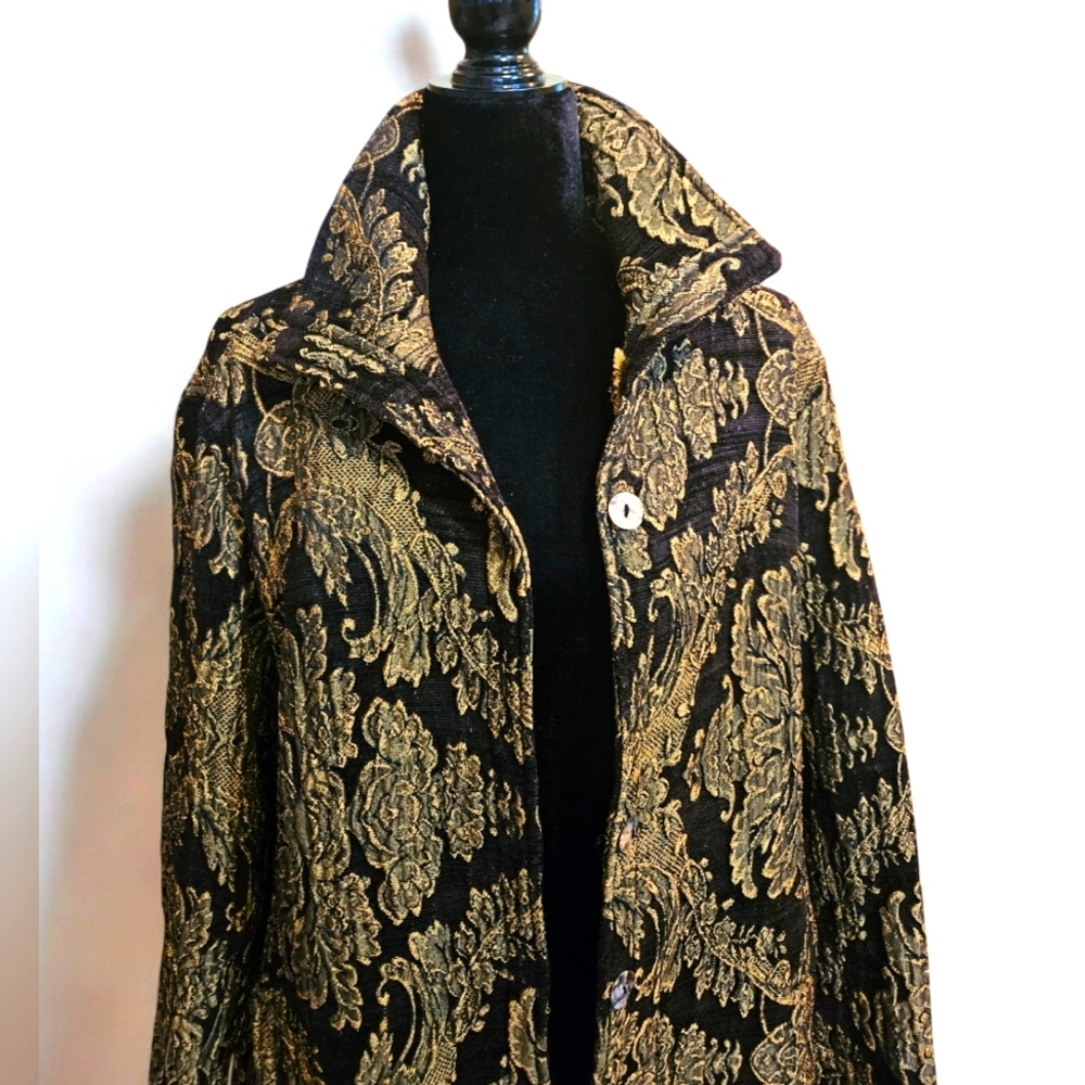 Vintage 1960s Hand-made, heavy fabric Tapestry Gold & Black Floor Length Coat. - Picture 5 of 8